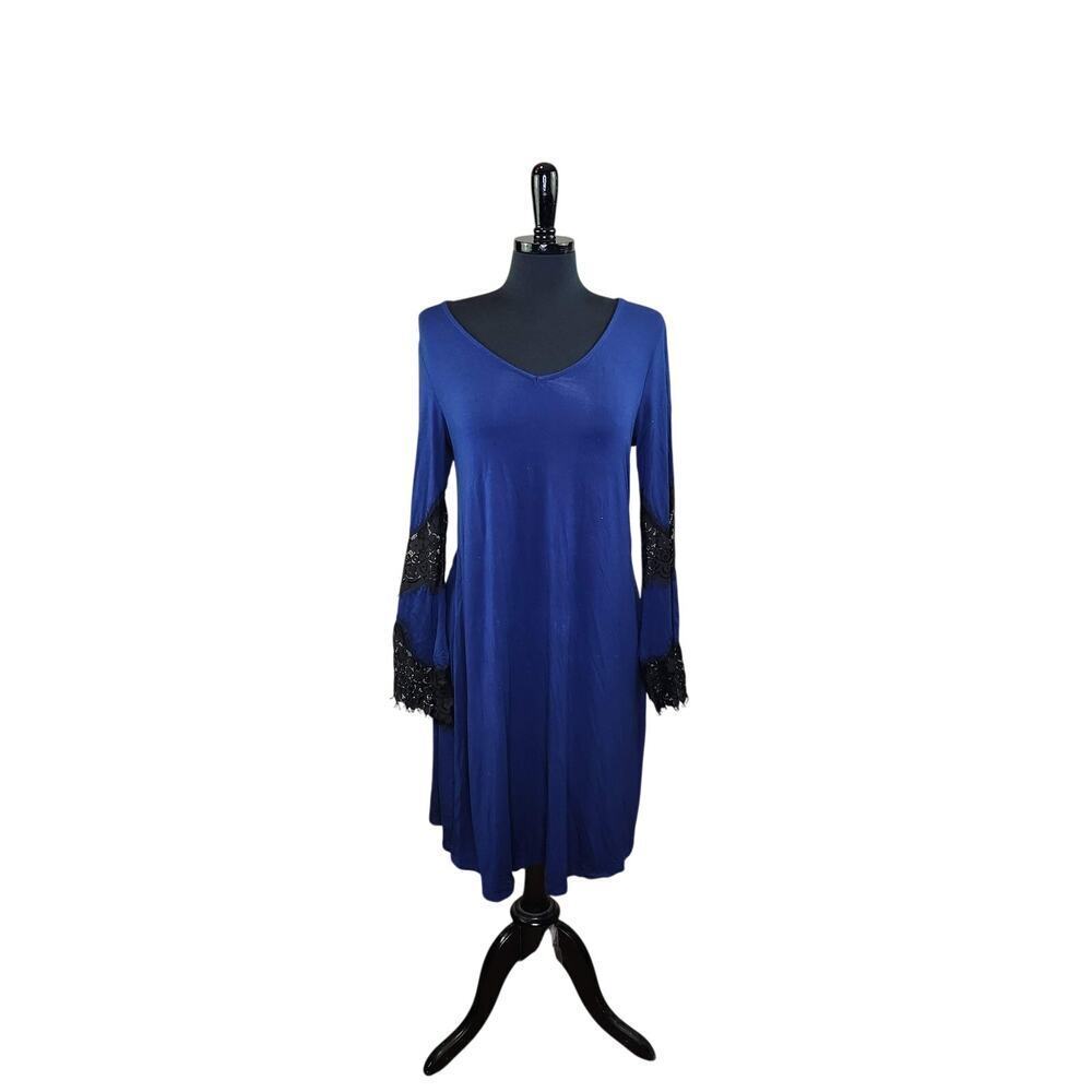 Neiman Marcus Blue Shift Dress Long Sleeve Black Lace Boho Witchy L